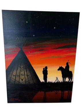 Native Sunset Silhouette Canvas Painting - Teepee Mario Peters Signed 2018